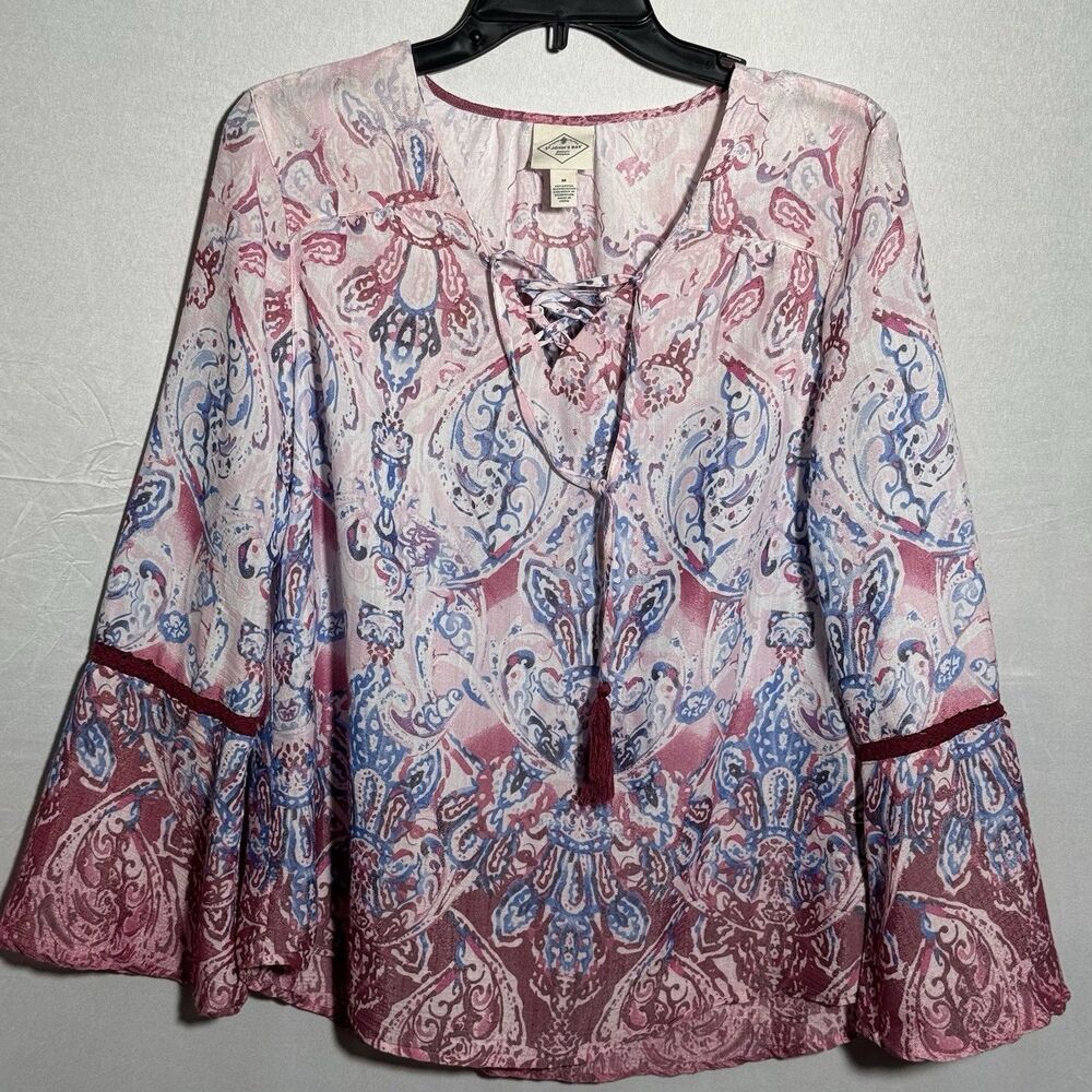 St John’s Bay Boho Peasant Blouse Paisley Bell Sleeve Tassel Medium Peasant